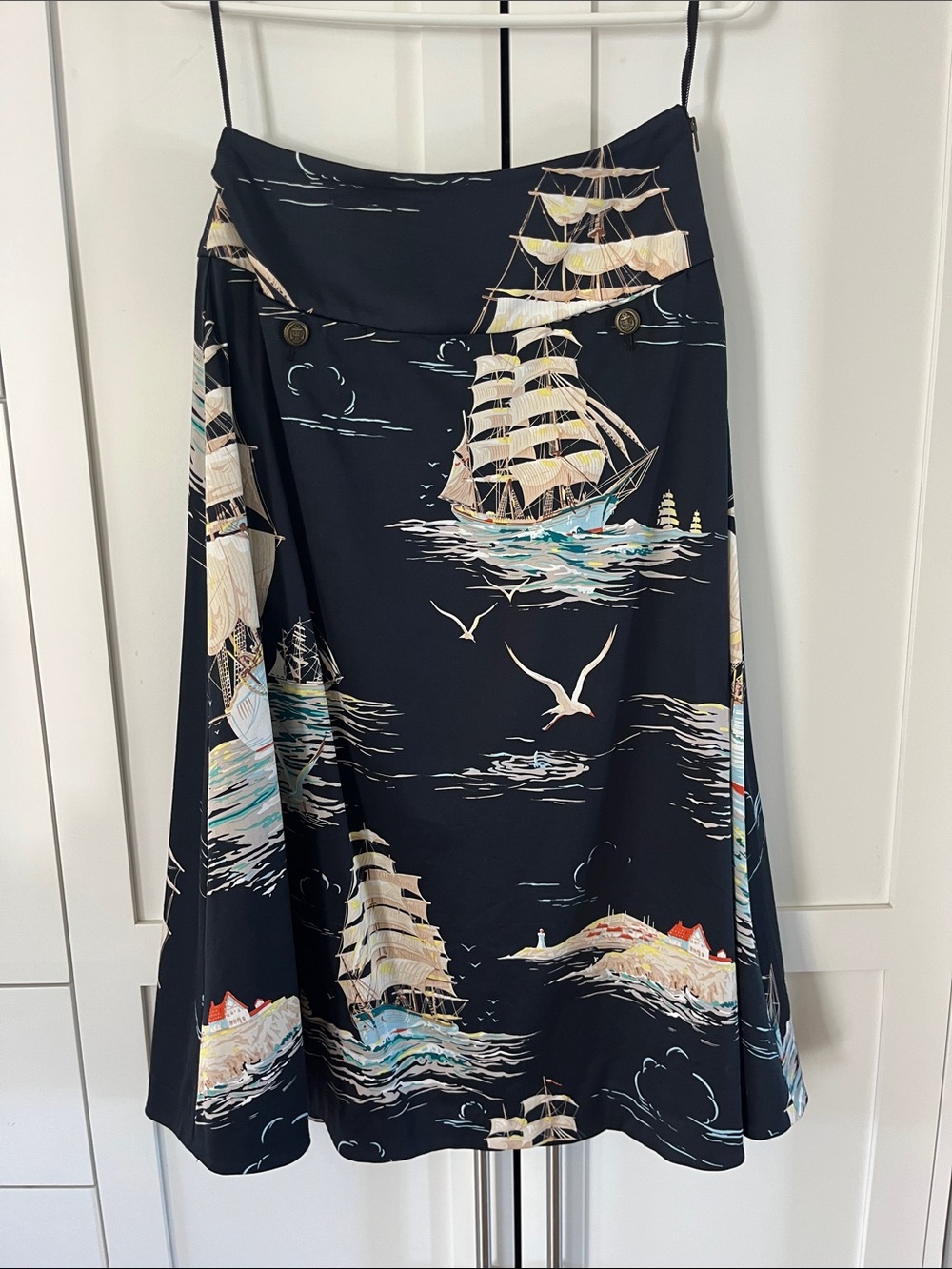 Leifnotes Size 4 Navy Sailboat Print A-Line Skirt with Side Zip & Front Pockets